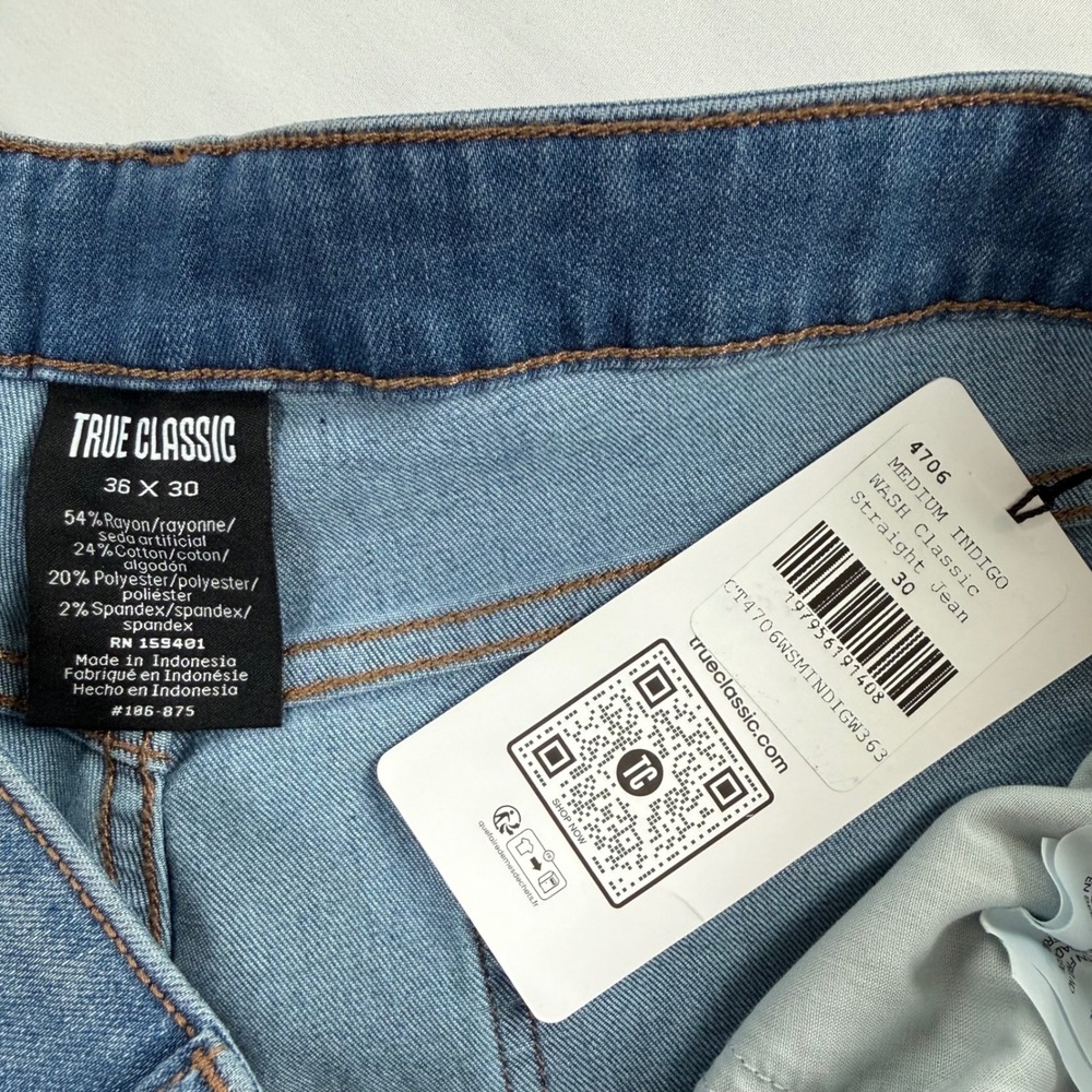 True Classic Mens Straight Leg Jeans Medium Indigo Wash 36x30 Stretch Denim NWT - Picture 6 of 7